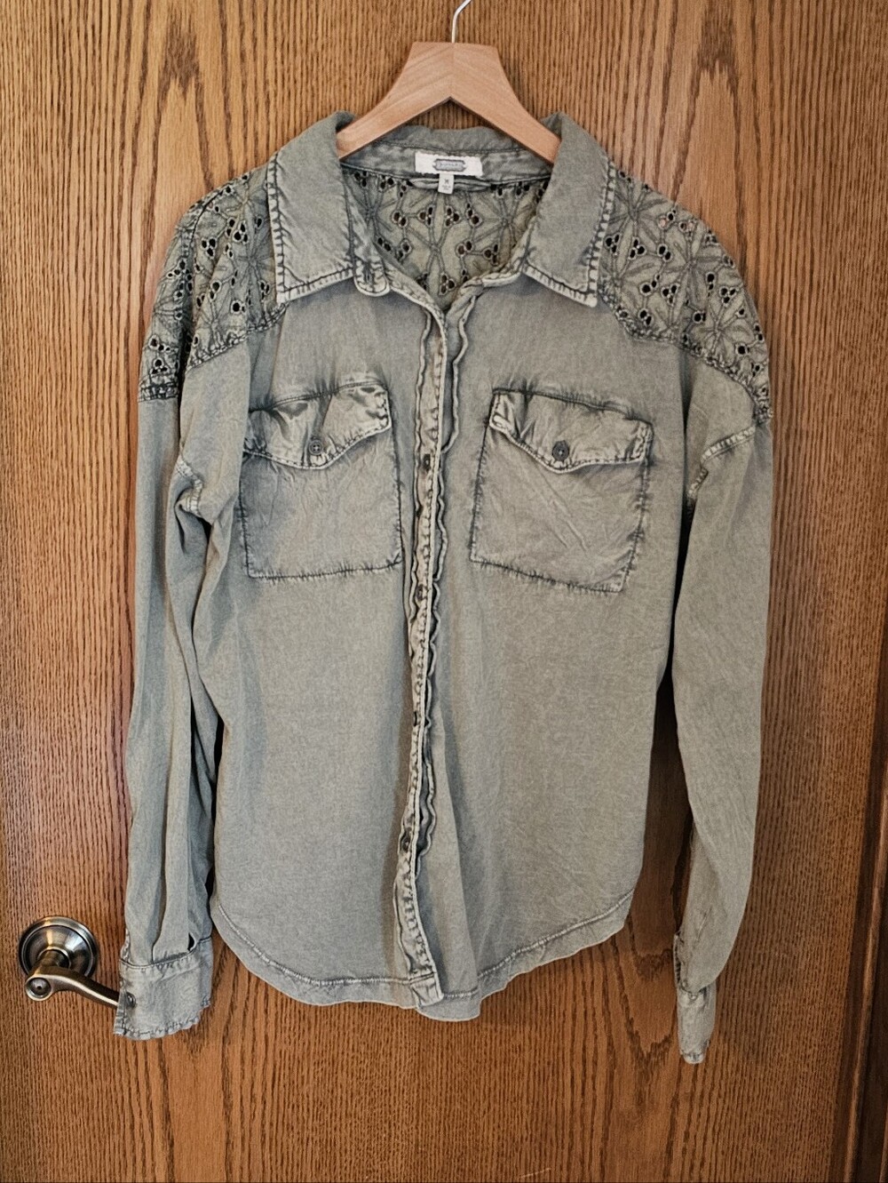 Gimmicks Embroidered Shoulder Button-Up Shirt — Sage Green